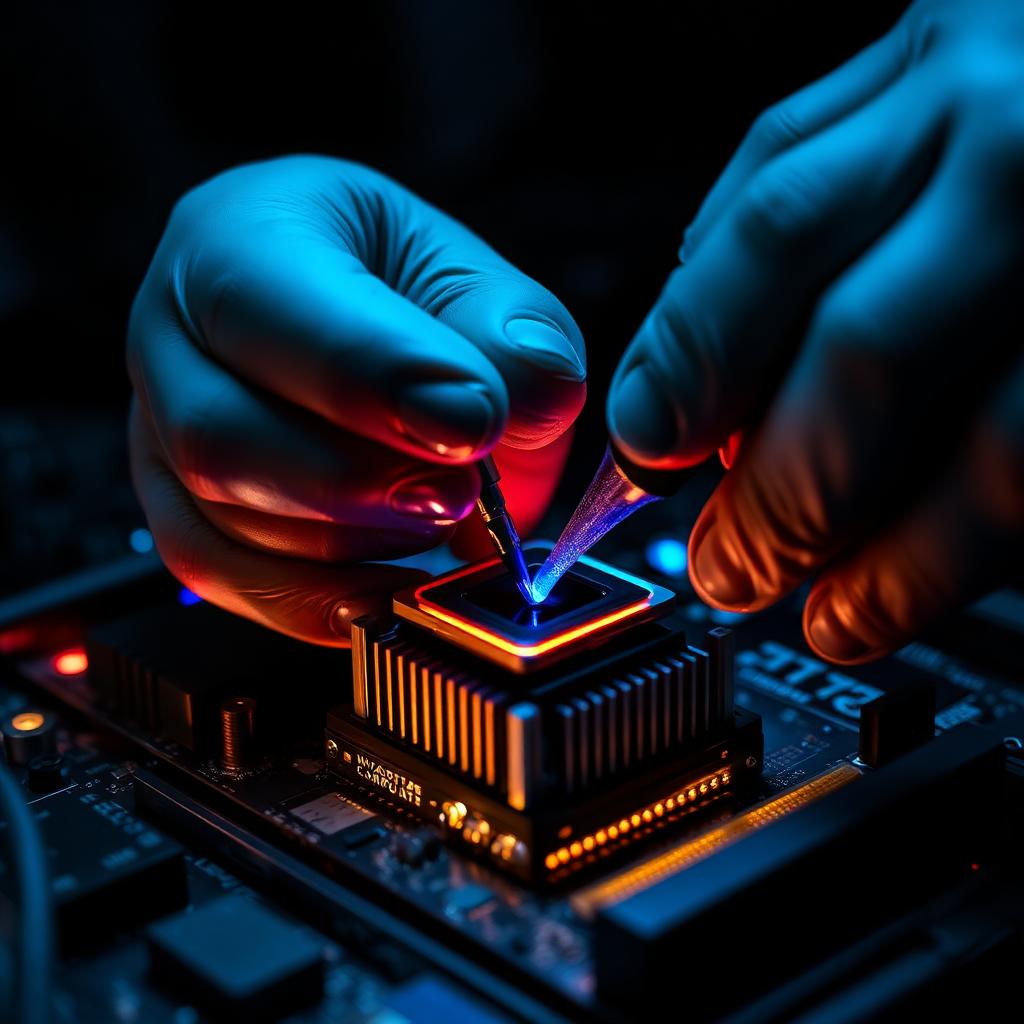 Technician applying thermal paste to CPU